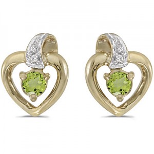 10k Yellow Gold Round Peridot And Diamond Heart Earrings