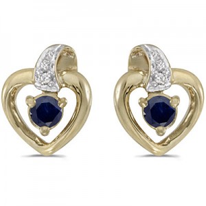 10k Yellow Gold Round Sapphire And Diamond Heart Earrings