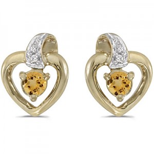 10k Yellow Gold Round Citrine And Diamond Heart Earrings