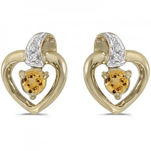 10k Yellow Gold Round Citrine And Diamond Heart Earrings