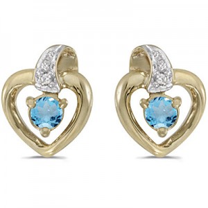 10k Yellow Gold Round Blue Topaz And Diamond Heart Earrings