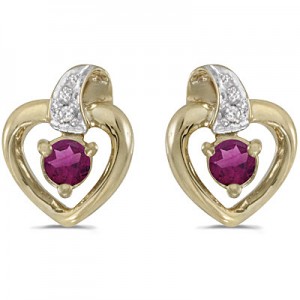 10k Yellow Gold Round Rhodolite Garnet And Diamond Heart Earrings