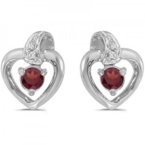 10k White Gold Round Garnet And Diamond Heart Earrings