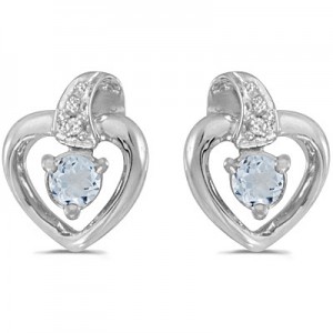 10k White Gold Round Aquamarine And Diamond Heart Earrings