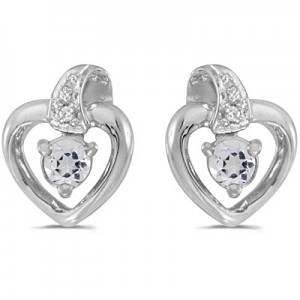 10k White Gold Round White Topaz And Diamond Heart Earrings