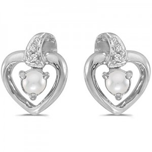 10k White Gold Pearl And Diamond Heart Earrings