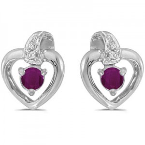 10k White Gold Round Ruby And Diamond Heart Earrings