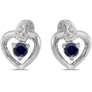 10k White Gold Round Sapphire And Diamond Heart Earrings