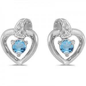 10k White Gold Round Blue Topaz And Diamond Heart Earrings