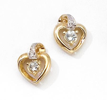 14k Yellow Gold Round Aquamarine And Diamond Heart Earrings