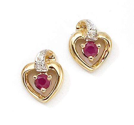 14k Yellow Gold Round Ruby And Diamond Heart Earrings