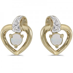 14k Yellow Gold Round Opal And Diamond Heart Earrings