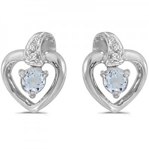 14k White Gold Round Aquamarine And Diamond Heart Earrings