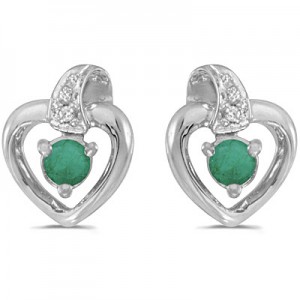 14k White Gold Round Emerald And Diamond Heart Earrings