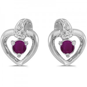 14k White Gold Round Ruby And Diamond Heart Earrings