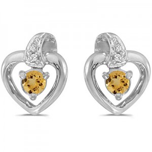 14k White Gold Round Citrine And Diamond Heart Earrings