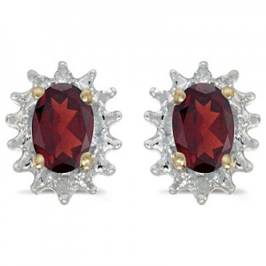 14k Yellow Gold Oval Garnet And Diamond Earrings