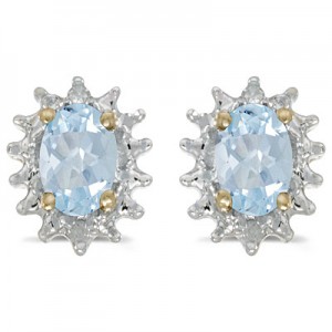 14k Yellow Gold Oval Aquamarine And Diamond Earrings