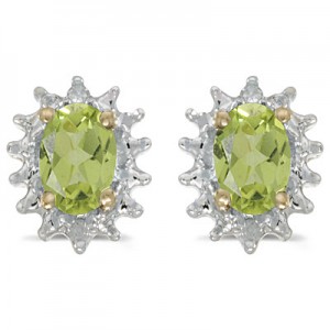 14k Yellow Gold Oval Peridot And Diamond Earrings