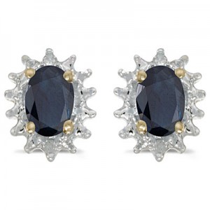 14k Yellow Gold Oval Sapphire And Diamond Earrings