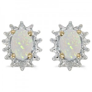 14k Yellow Gold Oval Opal And Diamond Earrings