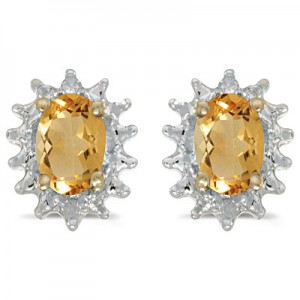 14k Yellow Gold Oval Citrine And Diamond Earrings