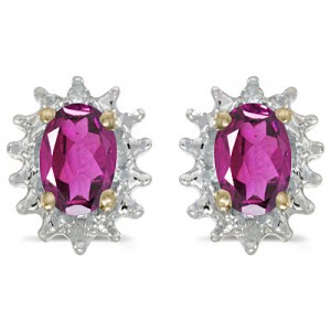 14k Yellow Gold Oval Pink Topaz And Diamond Earrings