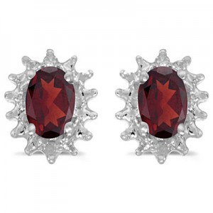 14k White Gold Oval Garnet And Diamond Earrings