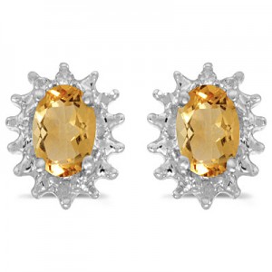 14k White Gold Oval Citrine And Diamond Earrings