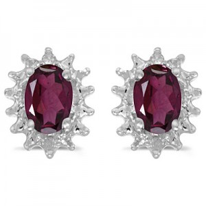 14k White Gold Oval Rhodolite Garnet And Diamond Earrings