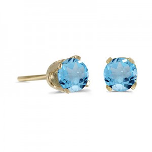 14k Yellow Gold Round Blue Topaz Stud Earrings