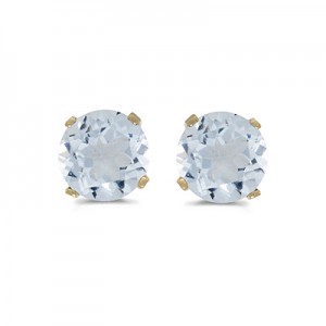 14k Yellow Gold Round Aquamarine Stud Earrings