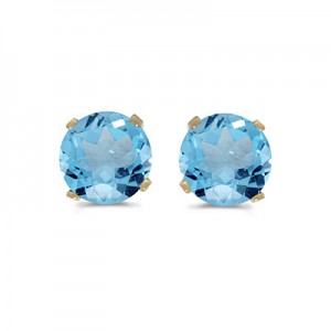 14k Yellow Gold Round Blue Topaz Stud Earrings