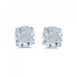 14k White Gold Round Aquamarine Stud Earrings