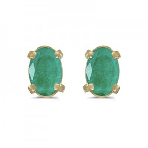 14k Yellow Gold Oval Emerald Earrings