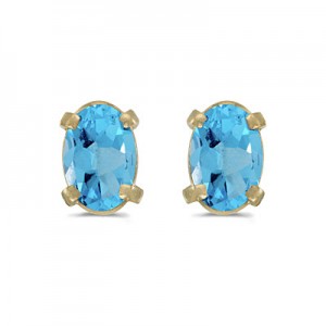 14k Yellow Gold Oval Blue Topaz Earrings