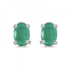 14k White Gold Oval Emerald Earrings