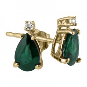 14K Yellow Gold Pear Emerald and Diamond Stud Earrings