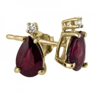 14K Yellow Gold Pear Ruby and Diamond Stud Earrings