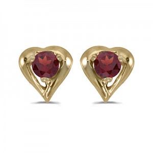 14k Yellow Gold Round Garnet Heart Earrings