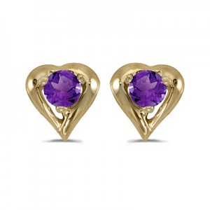 14k Yellow Gold Round Amethyst Heart Earrings