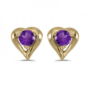 14k Yellow Gold Round Amethyst Heart Earrings