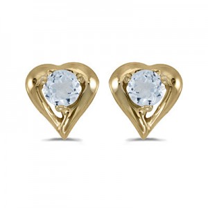 14k Yellow Gold Round Aquamarine Heart Earrings
