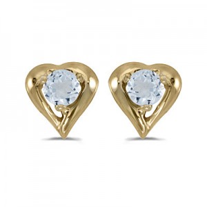 14k Yellow Gold Round Aquamarine Heart Earrings