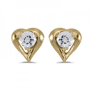 14k Yellow Gold Round White Topaz Heart Earrings