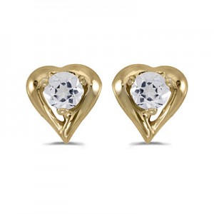 14k Yellow Gold Round White Topaz Heart Earrings