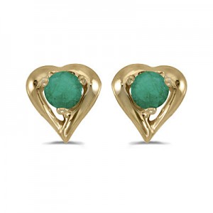 14k Yellow Gold Round Emerald Heart Earrings