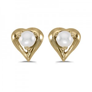 14k Yellow Gold Pearl Heart Earrings