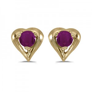 14k Yellow Gold Round Ruby Heart Earrings