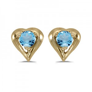 14k Yellow Gold Round Blue Topaz Heart Earrings